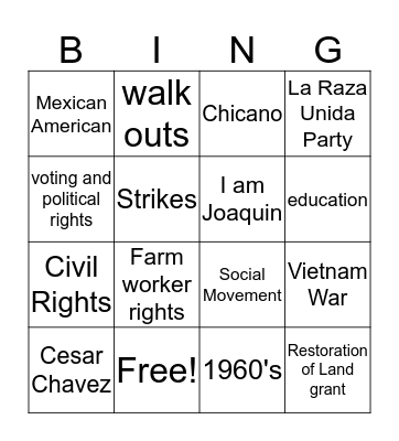 Chicano Movement Bingo Card
