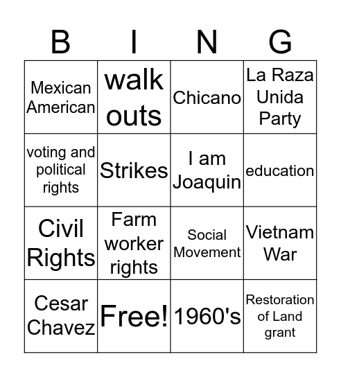 Chicano Movement Bingo Card