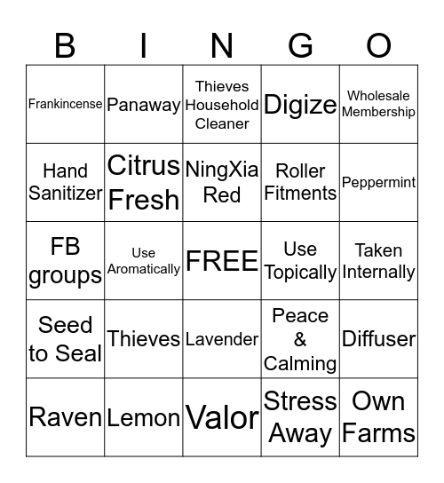 Young Living 101 Class Bingo Card