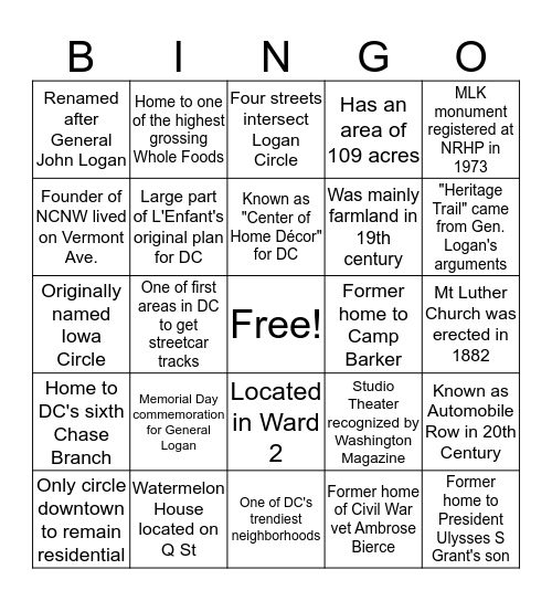 Logan Circle Bingo Card