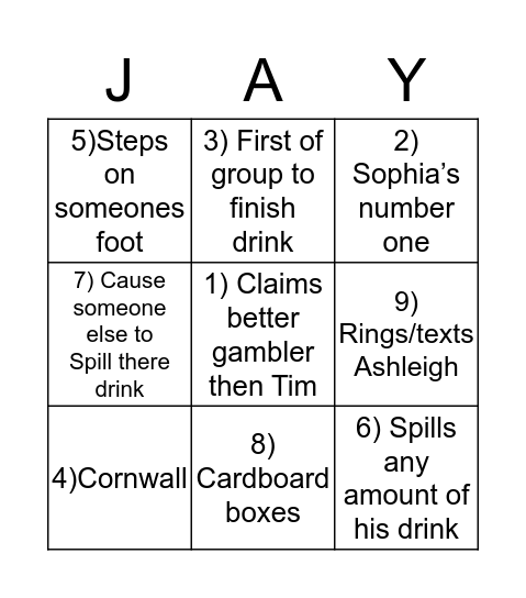 J’s Staggy Bingo Card