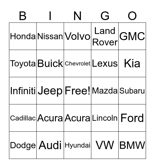 CARS Bingo Card