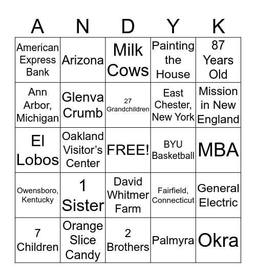 Happy Birthday Andrew Kimball! Bingo Card