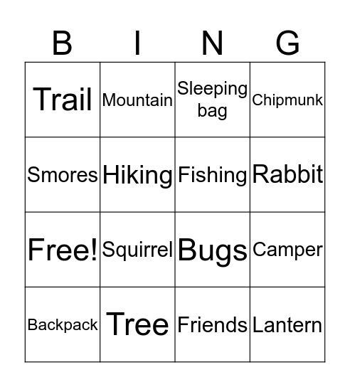 Weekare Camping BINGO Card