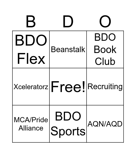 BDO Get Involved Fair Bingo Card