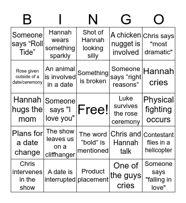 Bachelorette Week 5 Bingo Card