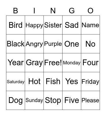 Sign Language Vocab  Bingo Card
