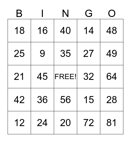 Multiplication Bingo Card