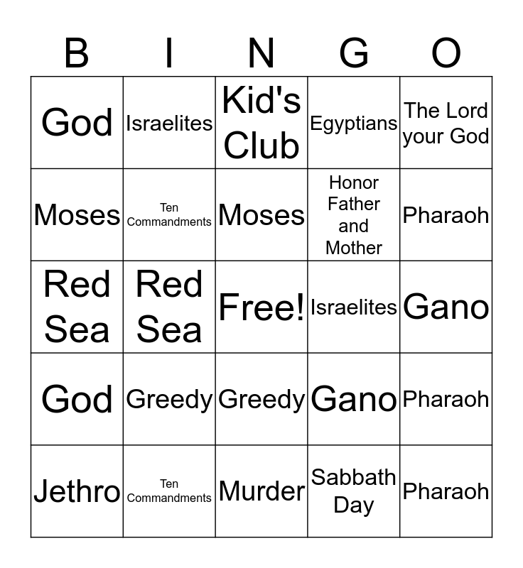 Ten Commandments Bingo Card