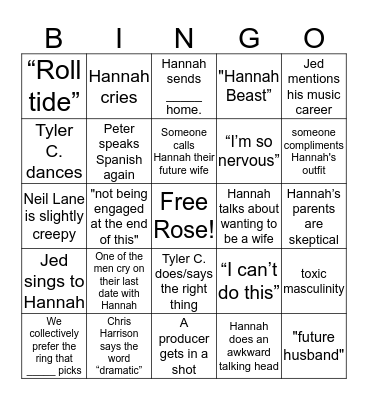 Bachelorette Bingo Episode 12 Bingo Card