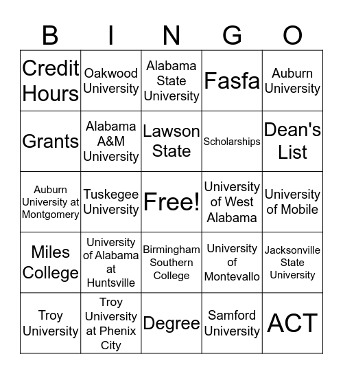 Alabama Colleges Bingo Card