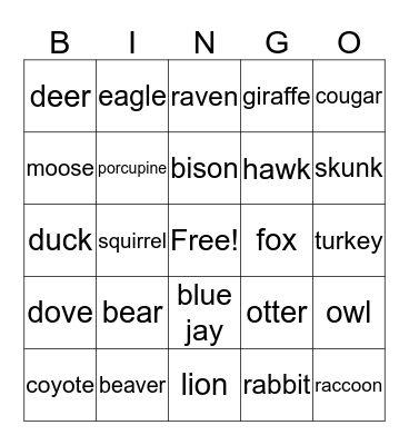 Animals Bingo Card