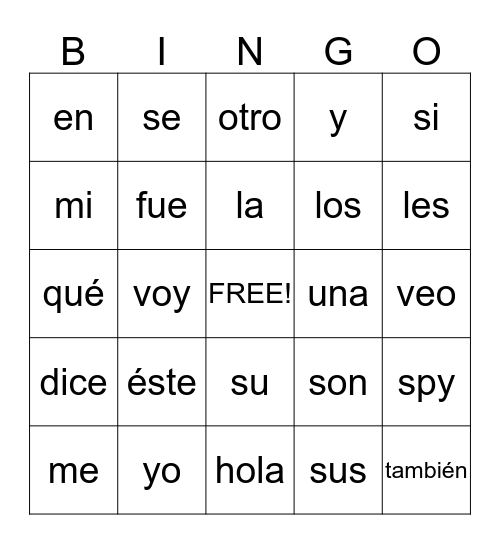 Bingo de Palabras de Uso Frecuente Bingo Card