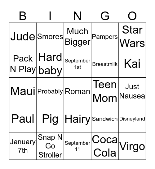 Leah's  Baby Bingo Card