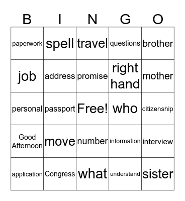 Citizenship Interview Bingo Card