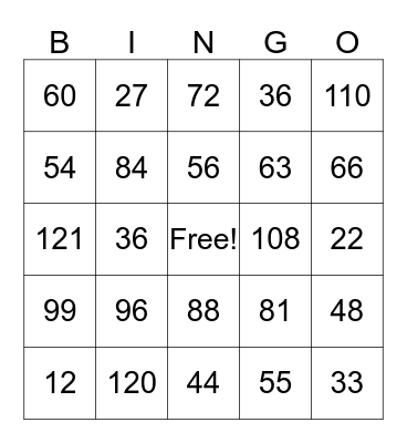 MULTIPLICATION FACTS Bingo Card