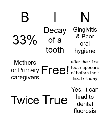 Children's Oral Health Bingo  Bingo Card