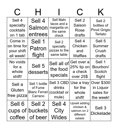 Chick’s Connect 5 Bingo Card