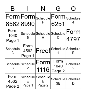 Individual Income Tax Bingo Card