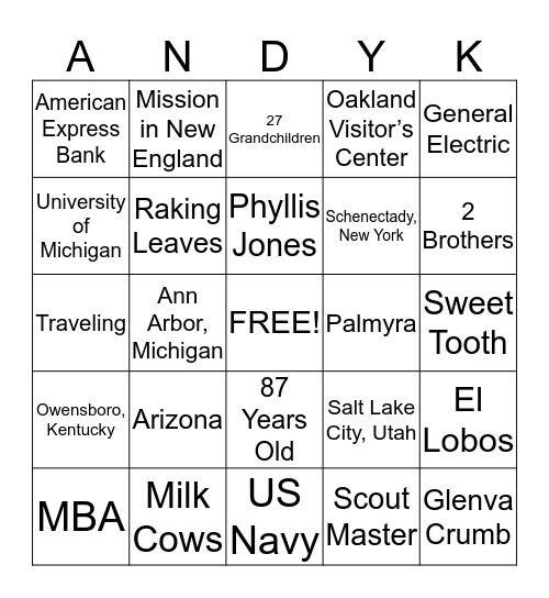 Happy Birthday Andrew Kimball! Bingo Card