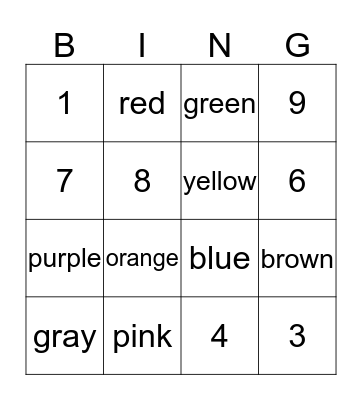 Colors & Numbers Bingo Card