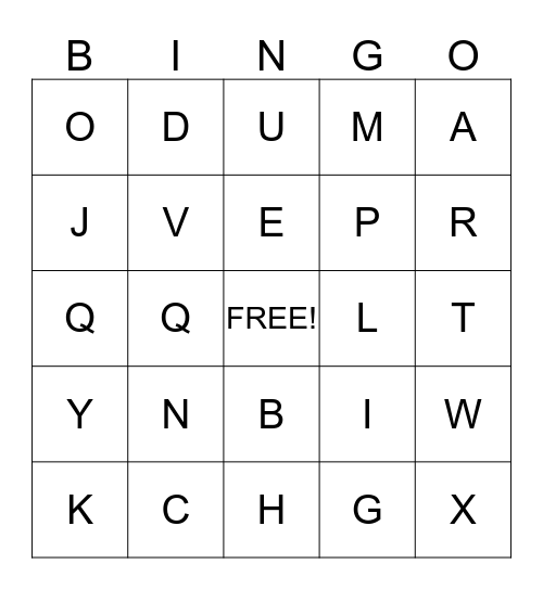 ALPHABET Bingo Card