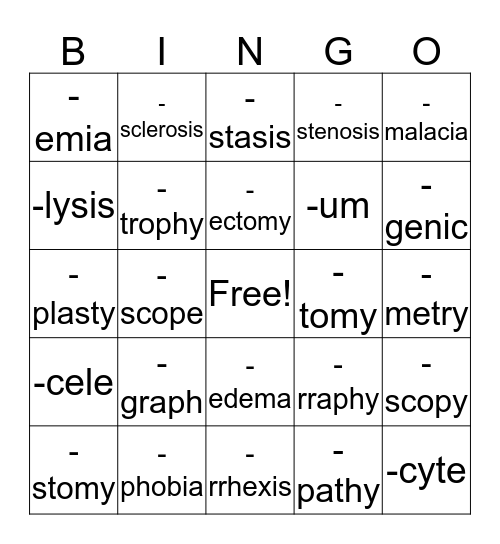 Suffix Bingo Card