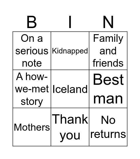 Wedding Speech Bingo Card