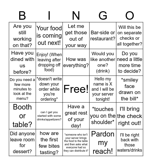 Restaurant Bingo Card