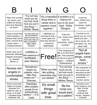 Nurses Inspire Bingo Card