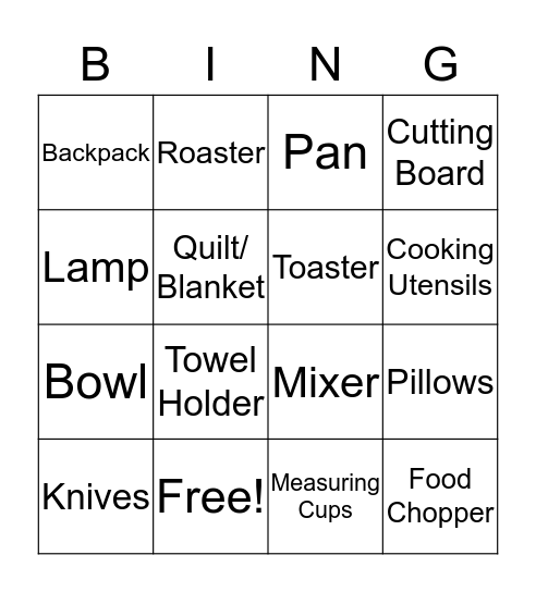 Shower Gift Bingo Card