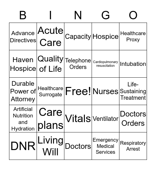 Advance Directive Bingo Card