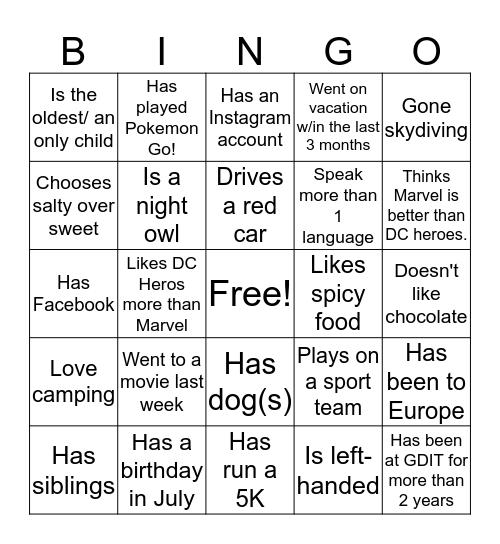 MINGLE BINGO  Bingo Card