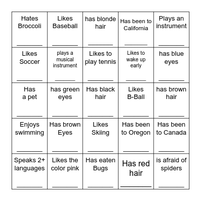 Get to know you Bingo Card