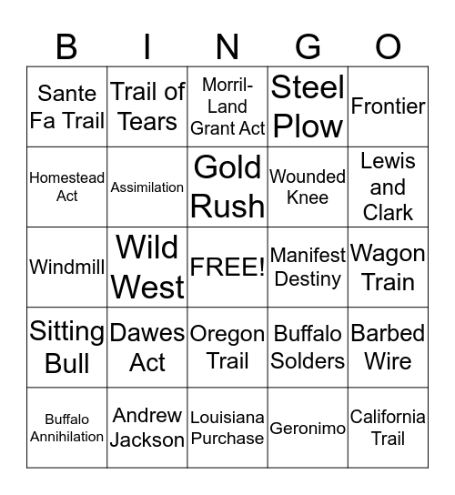 Western Expansion Bingo Card