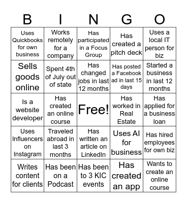 KIC Networking Bingo Card