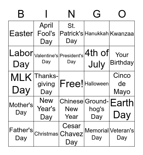 Holiday Bingo Card