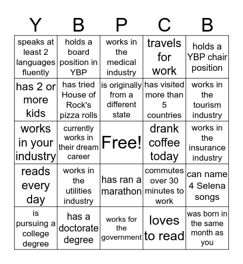 YBP Bingo - Find someone who: Bingo Card