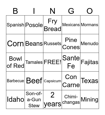 Southwest States Bingo Card