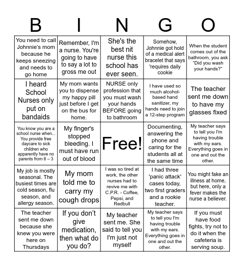 The Day of a School Nurse Bingo Card