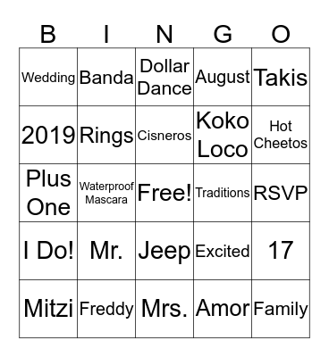 Mitzi's Bridal Shower Bingo Card