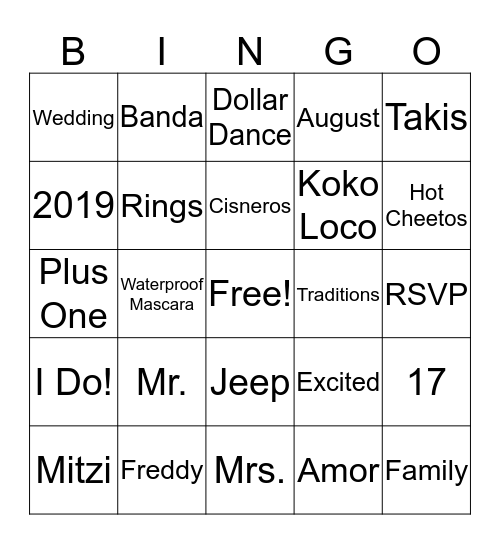 Mitzi's Bridal Shower Bingo Card