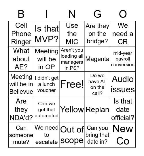 Merger Bingo Card