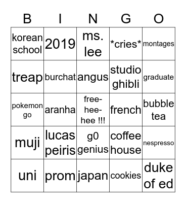 AEVERY'S GRAD BINGO Card
