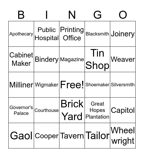 Williamsburg Bingo Card