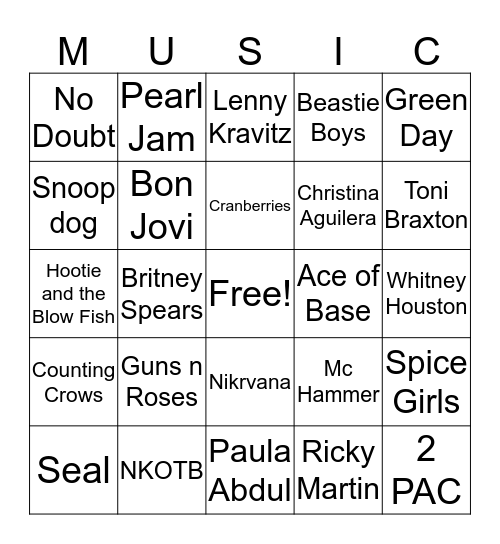 90's Music Bingo! Bingo Card