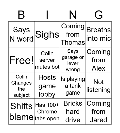Colin Bingo Card
