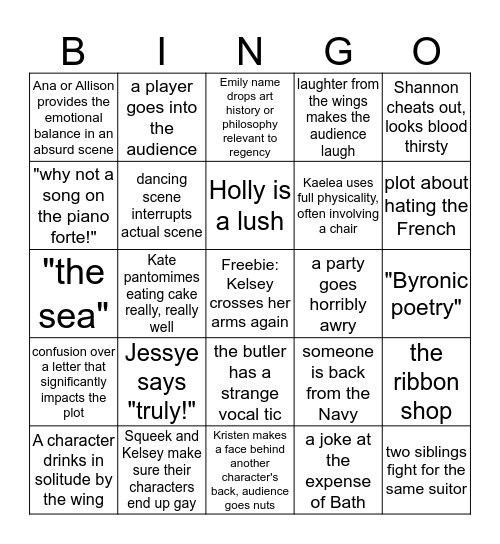 Improvised Jane Austen July run at iO Bingo Card