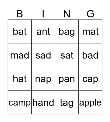 Short Vowel Sounds--a Bingo Card