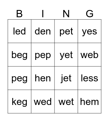 Short Vowel Sounds--e Bingo Card